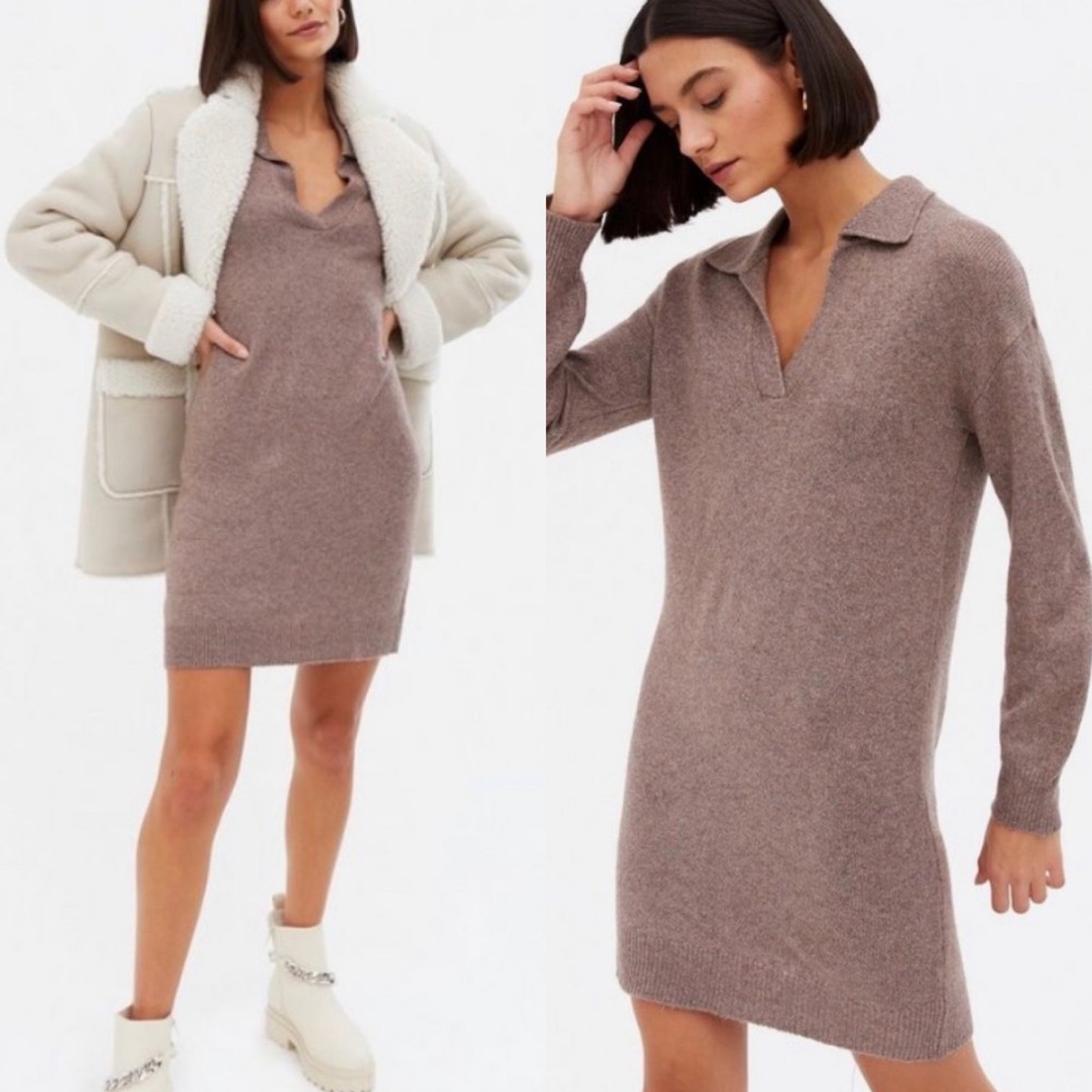 OPUS Wegula Collared long Sleeve Sweater Dress Jumper Taupe Brown